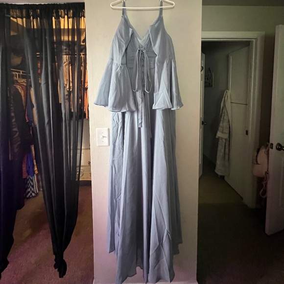 NWT Long Formal Chiffon Gown Dress w SLIT Flutter Sleeves V Neck Cold shoulder - Picture 7 of 7
